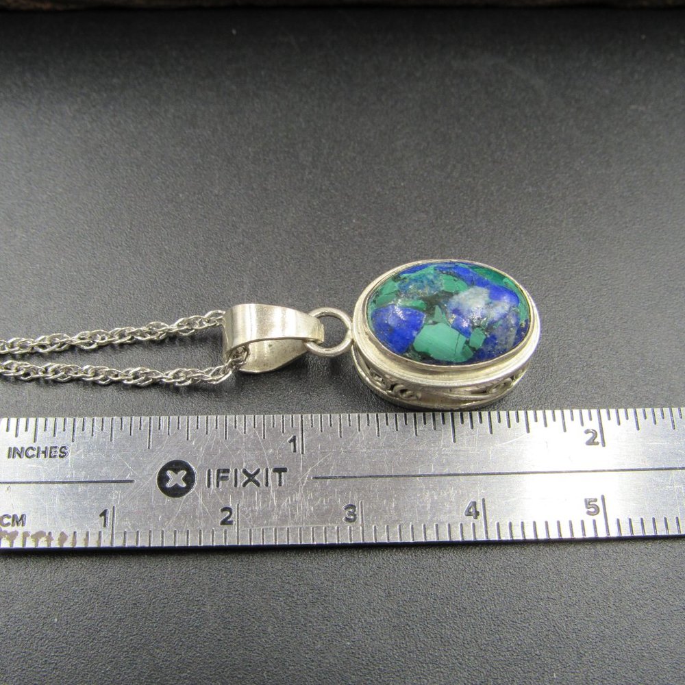 18" Sterling Blue Green Stone Ornate Necklace - Picture 6 of 7